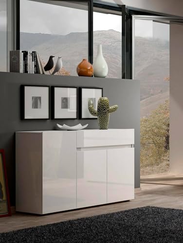 Dmora - Kommode Brits, Wohnzimmerbuffet, Wohnzimmer-Sideboard, Moderne Küchen-Speisekammer, Made in Italy, 135x38h79 cm, Glänzendes Weiß von Dmora