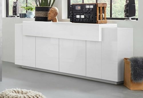 Dmora - Kommode Loris, 4-türiges Küchen-Sideboard, Wohnzimmer-Buffet, 100% Made in Italy, 220 x 45 x 86 cm, glänzendes Weiß, Dmora - Kommode Loris, 4-türiges Küchen-Sideboard, Wohnzimmer-Buffet, 100% Made in Italy, 220 x 45 x 86 cm, glänzendes Weiß, von Dmora