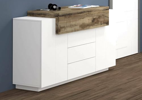 Dmora - Kommode Milo, Küchen-Sideboard mit 3 Türen und 3 Schubladen, Wohnzimmer-Buffet, 100 % Made in Italy, 160 x 45 x 86 cm, glänzendes Weiß und Ahorn, Dmora - Kommode Milo, Küchen-Sideboard mit 3 Türen und 3 Schubladen, Wohnzimmer-Buffet, 100 % Made in Italy, 160 x 45 x 86 cm, glänzendes Weiß und Ahorn, von Dmora