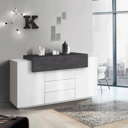 Dmora - Kommode Milo, Küchen-Sideboard mit 3 Türen und 3 Schubladen, Wohnzimmer-Buffet, 100 % Made in Italy, 160 x 45 x 86 cm, glänzendes Weiß und Schiefer, Dmora - Kommode Milo, Küchen-Sideboard mit 3 Türen und 3 Schubladen, Wohnzimmer-Buffet, 100 % Made in Italy, 160 x 45 x 86 cm, glänzendes Weiß und Schiefer, von Dmora