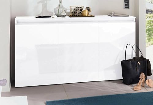 Dmora - Kommode Pino, 3-türiges Küchen-Sideboard, Wohnzimmer-Buffet, 100 % Made in Italy, 150 x 40 x 81 cm, glänzendes Weiß, von Dmora