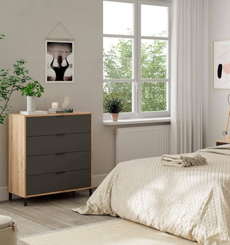 Dmora - Rochester-Kommode, Kommode mit 4 Schubladen, Kommode für das Schlafzimmer, moderne Kommode, 76x40h94 cm, geknotete Eiche und Anthrazit von Dmora