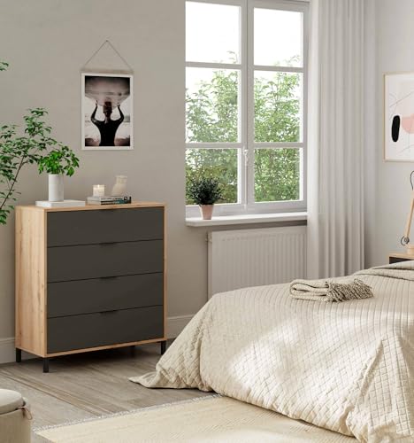 Dmora - Kommode mit Schubladen Rochester, Kommode mit 4 Schubladen, Kommode für Schlafzimmer, Moderne Kommode, cm 76x40h94, Asteiche und Anthrazit von Dmora