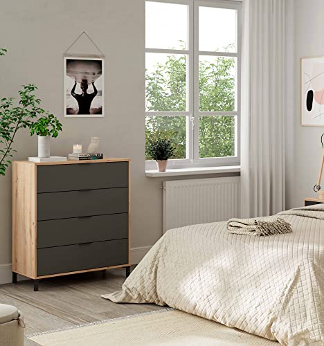 Dmora - Kommode mit Schubladen Rochester, Kommode mit 4 Schubladen, Kommode für Schlafzimmer, Moderne Kommode, cm 76x40h94, Asteiche und Anthrazit von Dmora