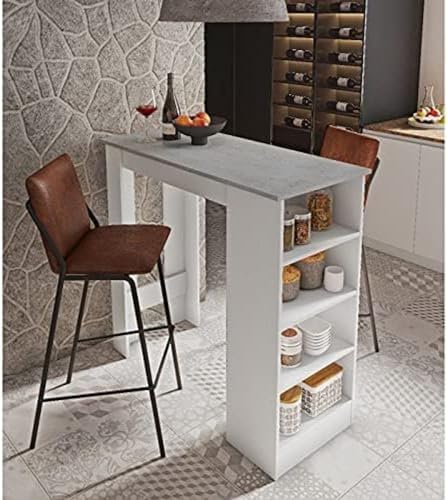 Dmora Küchenhalbtisch mit 4 Regalen, Barschrank, Beistelltisch, 112x49,50xh106 cm, Weiß und Zementfarbe von Dmora