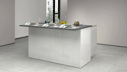 Dmora - Kücheninsel Patrizio, zusätzlicher Ablagetisch, 3-türiger Küchenschrank, 100% Made in Italy, 155 x 90 x 90 cm, glänzendes Weiß und Schiefer von Dmora