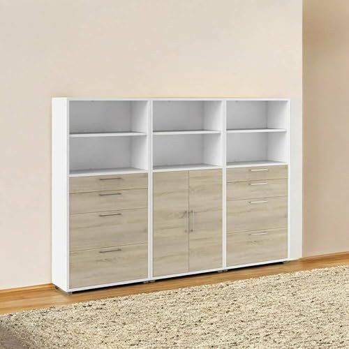 Dmora - Kommode Lilas, Wohnzimmerbuffet, Wohnzimmer-Sideboard, Moderne Küchen-Speisekammer, 267x40 h186 cm, Weiß und Eiche von Dmora