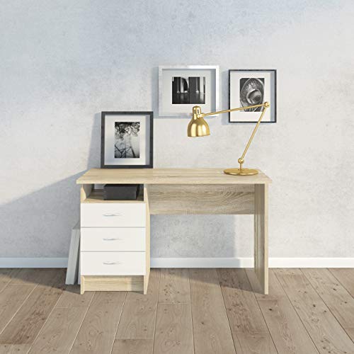 Dmora Linearer Schreibtisch mit drei Schubladen, Farbe Eiche weiß, Maße 120 x 72 x 48 cm von Dmora