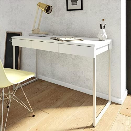 Dmora Linearer Schreibtisch mit drei Schubladen, weiß glänzend, 125 x 76 x 51 cm von Dmora