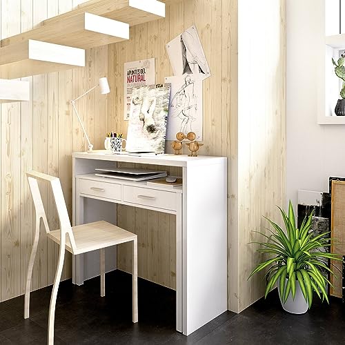 Dmora Losetta, Schreibtisch mit Mehreren Positionen mit ausziehbarer Platte, Lineare Studiokonsole mit 2 Schubladen, 99 x 70 x 88 cm, Weiß von Dmora