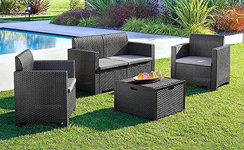 Dmora Lounge, Gartenmöbel-Set mit Kissen, für den Innen-und Außenbereich, Rattanoptik, 100% Made in Italy, Anthrazit von Dmora