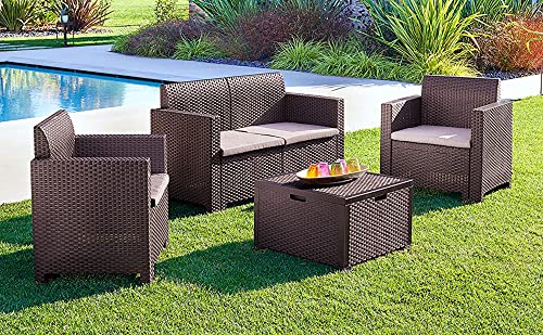 Dmora Lounge, Gartenmöbel-Set mit Kissen, für den Innen-und Außenbereich, Rattanoptik, 100% Made in Italy, Braun von Dmora