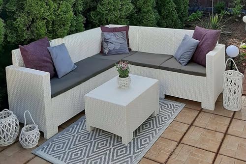 Dmora - Loungeset für draußen Eris, Outdoor-Lounge mit Couchtisch, Terrassenset mit Kissen, Gartenkomposition mit Sofa und Sesseln, Made in Italy, Weiß von Dmora