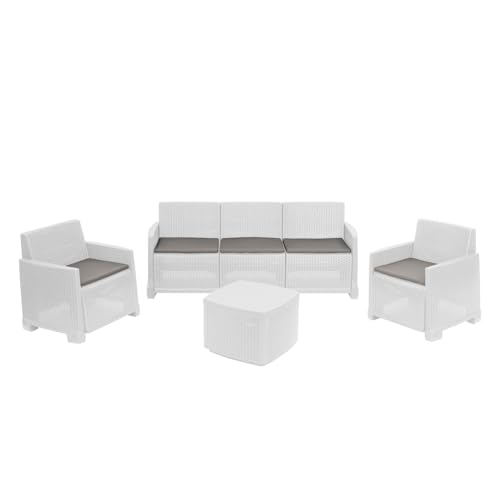 Dmora - Lounge-Set für draußen Alassio, Garten-Set mit 2 Sesseln, 1 Sofa und 1 Aufbewahrungstisch, Rattan-Effekt mit Kissen, 100% Made in Italy, Weiß von Dmora