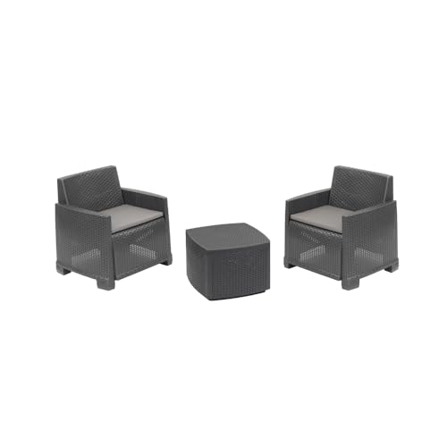 Dmora - Lounge-Set für draußen Laigueglia, Garten-Set mit 2 Sesseln und 1 Aufbewahrungstisch, Rattan-Effekt mit Kissen, 100% Made in Italy, Anthrazit von Dmora