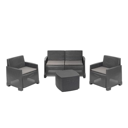 Dmora - Lounge-Set für draußen Peschici, Garten-Set mit 2 Sesseln, 1 Sofa und 1 Aufbewahrungstisch, Rattan-Effekt mit Kissen, 100% Made in Italy, Anthrazit von Dmora