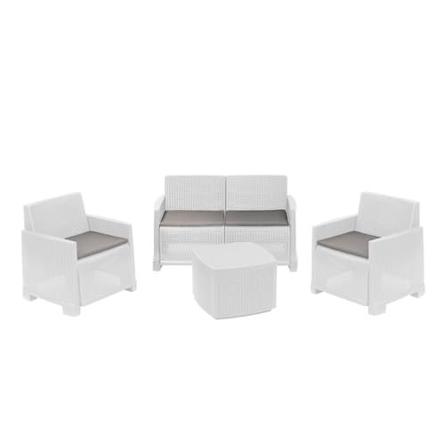 Dmora - Lounge-Set für draußen Peschici, Garten-Set mit 2 Sesseln, 1 Sofa und 1 Aufbewahrungstisch, Rattan-Effekt mit Kissen, 100% Made in Italy, Weiß von Dmora