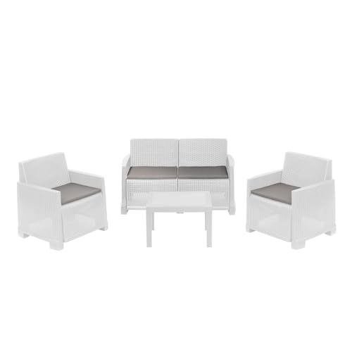 Dmora - Lounge-Set für draußen Vieste, Garten-Set mit 2 Sesseln, 1 Sofa und 1 Couchtisch, Rattan-Effekt mit Kissen, 100% Made in Italy, Weiß von Dmora