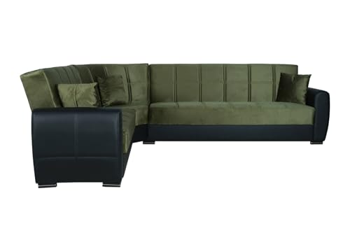 Dmora Matias, Ecksofa aus Kunstleder und Stoff, Wohnzimmer-Sofa mit Click-Klack-Öffnung und wendbarer Halbinsel, 305 x 238 x 91 cm, Schwarz und Grün von Dmora