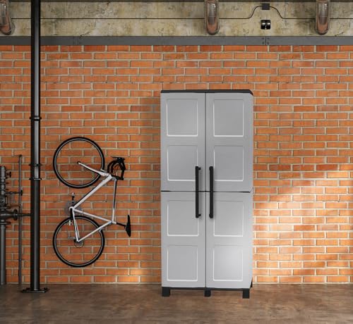 Dmora - Verviers Outdoor-Garderobe, Mehrzweck-Balkonschrank mit 2 Türen, 100 % Made in Italy, 68 x 37 x 169 cm, Hellgrau und Schwarz, kariertes Finish von Dmora