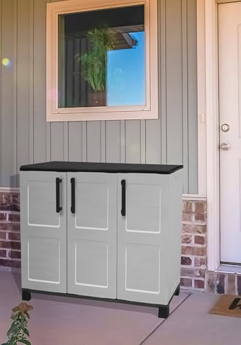 Dmora - Outdoor-Garderobe aus Fell, Mehrzweck-Balkongarderobe, 3-türiger Outdoor-Schrank, 100 % Made in Italy, 102 x 37 x 90 cm, Hellgrau und Schwarz, kariertes Finish von Dmora