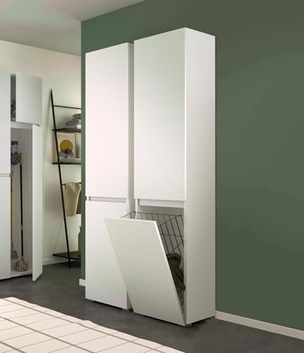 Dmora - Mehrzweck-Kleiderschrank mit 2 Türen Agapanto, Wäscheschrank mit 2 Türen, Badezimmersäule mit Wäschekorb, 100% Made in Italy, 45 x 37 x 195 cm, Weiß von Dmora