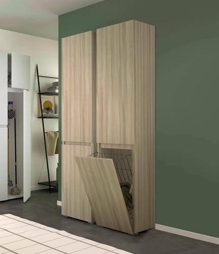 Dmora - Mehrzweck-Kleiderschrank mit 2 Türen Agapanto, Wäscheschrank mit 2 Türen, Badezimmersäule mit Wäschekorb, 100% Made in Italy, 45 x 37 x 195 cm, Olmo von Dmora