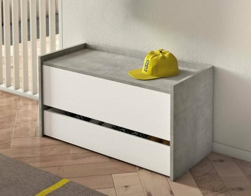 Dmora - Brust Lantana, modernes Eingangsmöbel mit Schuhregal, Truhentruhe mit zwei Behältern, 100 % Made in Italy, 90 x 40 x 46 cm, Weiß und Zement, von Dmora
