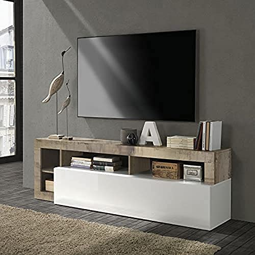 Dmora Moderne TV-Möbel mit Regalen, niedriges Sideboard mit Klapptür, Made in Italy, 184x58xh42 cm, Farbe Weiß und Birne von Dmora