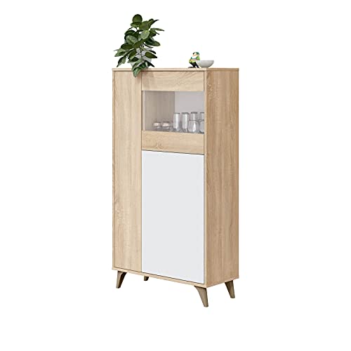 Dmora - Schaukasten Atlanta, Moderne Vitrine mit 3 Türen, Sideboard für Wohnzimmer oder Wohnzimmer, Hohes Sideboard mit Regalen, cm 77x33h142, Eiche und Weiß von Dmora