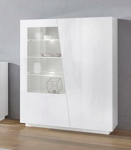 Dmora Moderne Vitrine mit Glastür, Made in Italy, mit weißem LED-Licht, Sideboard mit Regalen, Wohnzimmervitrine, 120x43h146 cm, glänzend weiße Farbe von Dmora