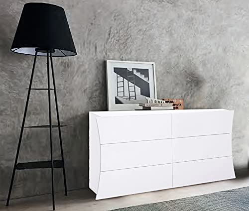 Dmora Moderne geometrische Kommode, Made in Italy, Schrank für Wohnzimmer und Schlafzimmer, Sideboard mit 6 Schubladen, 155x40h82 cm, glänzende weiße Farbe von Dmora