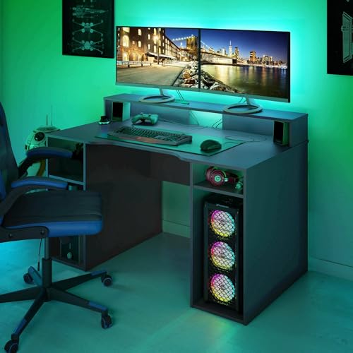 Dmora - Phoenix Schreibtisch, Moderner Multifunktions-Gaming-Schreibtisch, Studiertisch für PC und CD-Halter, Studiertisch mit Regalen, 136x67h88 cm, Anthrazit von Dmora