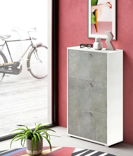 Dmora - Schuhregal Peonia, Mehrzweck-Eingangsmöbel mit 3 Falttüren, Schuhschrank mit doppelter Tiefe, 100 % Made in Italy, 67 x 28 x 112 cm, Weiß und Zement, von Dmora