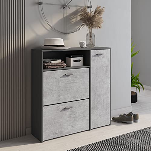 Dmora Moderner Schuhschrank mit 3 Türen, Eingangsschuhregal für 24 Paar Schuhe, Standardregale, Made in Italy, 91x27h94 cm, Farbe Anthrazit und Zement Dmora Moderner Schuhschrank mit 3 Türen, Eingangsschuhregal für 24 Paar Schuhe, Standardregale, Made in Italy, 91x27h94 cm, Farbe Anthrazit und Zement von Dmora