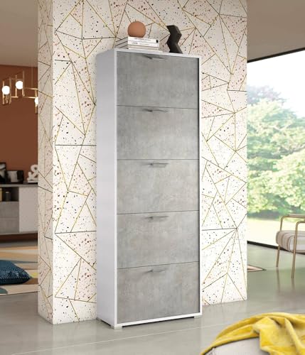 Dmora - Schuhregal Surfinia, Mehrzweck-Eingangsmöbel mit 5 Falttüren, Schuhschrank mit doppelter Tiefe, 100 % Made in Italy, 67 x 28 x 183 cm, Weiß und Zement, von Dmora