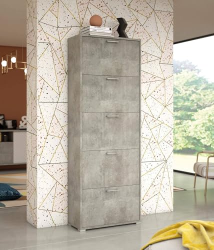 Dmora - Schuhregal Surfinia, Mehrzweck-Eingangsmöbel mit 5 Falttüren, Schuhschrank mit doppelter Tiefe, 100 % Made in Italy, 67 x 28 x 183 cm, Zement, von Dmora