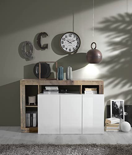 Dmora Modernes 3-türiges Sideboard mit offenen Fächern, Made in Italy, Küchen-Sideboard, Wohnzimmer-Design-Buffet, 146 x 42 h 93 cm, glänzendes Weiß und Birnenfarbe von Dmora