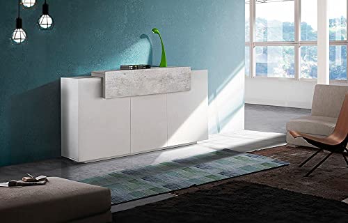 Dmora Modernes 4-türiges Sideboard mit Klappe, Made in Italy, Küchen-Sideboard, Wohnzimmer-Design-Buffet, 160x45h86 cm, Weiß glänzend und Zementfarbe von Dmora