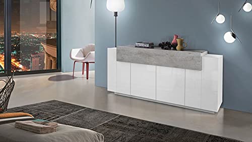 Dmora - Kommode Loris, Küchen-Sideboard mit 4 Türen, Buffet für Wohnzimmer, 100% Made in Italy, cm 200x45h86, glänzendes Weiß und Zement von Dmora