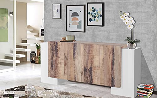 Dmora Modernes 6-türiges Sideboard, Made in Italy, Küchen-Sideboard, Wohnzimmer-Design-Buffet, 210x45h85 cm, Glanzweiß und Ahornfarbe von Dmora