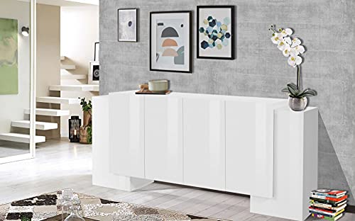 Dmora Modernes 6-türiges Sideboard, Made in Italy, Küchen-Sideboard, Wohnzimmer-Design-Buffet, 210x45h85 cm, glänzend weiße Farbe von Dmora
