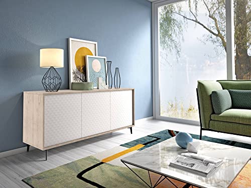 Dmora Modernes Sideboard, 100% Made in Italy, Buffet mit 3 Türen und 1 verstellbarem Regal, Elegantes Wohnzimmer-Sideboard, 184x45h77 cm, Farbe WeiÃŸ und Eiche von Dmora