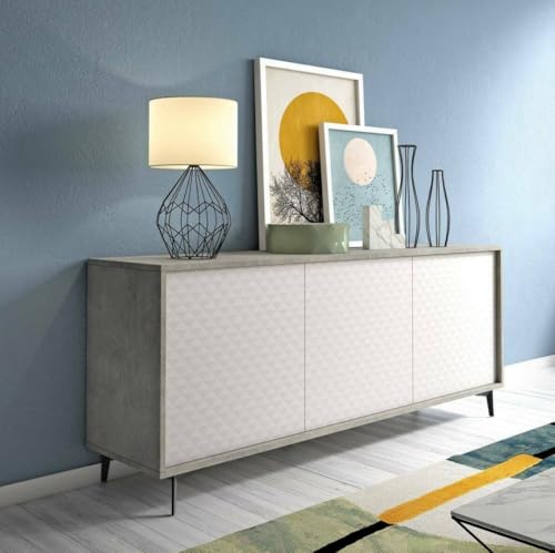 Dmora - Kommode Fresia, Buffetschrank mit 3 Türen und 1 verstellbarem Einlegeboden, Elegantes Sideboard für das Wohnzimmer, Fernsehschrank, 100% Made in Italy, Cm 184x45h77, Weiß und Beton von Dmora