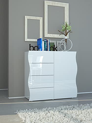 Dmora Modernes Sideboard, Design-Sideboard, mit 1 Tür und 4 Schubladen, Made in Italy, TV-Ständer, Wohnzimmerbuffet, cm 90x40h81, glänzend weiße Farbe von Dmora