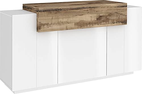 Dmora - Kommode Renzo, Küchen-Sideboard mit 4 Türen, Wohnzimmer-Buffet, 100% Made in Italy, cm 140x45h86, Weiß glänzend und Ahorn von Dmora