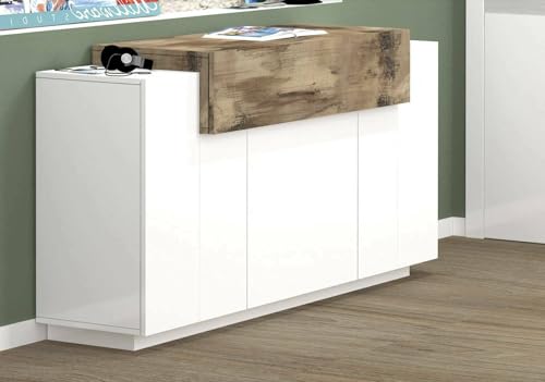 Dmora - Kommode Renzo, Küchen-Sideboard mit 4 Türen, Wohnzimmer-Buffet, 100 % Made in Italy, 140 x 45 x 86 cm, glänzendes Weiß und Ahorn, von Dmora