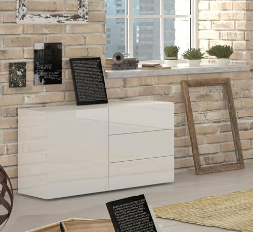 Dmora - Kommode Enrico, Küchen-Sideboard mit 1 Tür und 3 Schubladen, Wohnzimmer-Buffet, Küchen-Sideboard, 100 % Made in Italy, 110 x 40 x 35 cm, glänzendes Weiß von Dmora