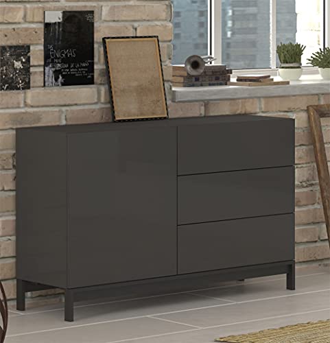 Dmora Modernes Sideboard mit 1 Tür und 3 Schubladen, Made in Italy, Küchen-Sideboard, Wohnzimmer-Design-Buffet, mit Füßen, 110x40h47 cm, Farbe Anthrazit glänzend von Dmora