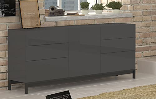 Dmora Modernes Sideboard mit 1 Tür und 6 Schubladen, Made in Italy, Küchen-Sideboard, Wohnzimmer-Design-Buffet, mit Füßen, 170x40h47 cm, Farbe Anthrazit glänzend von Dmora